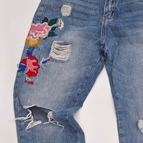 Tempo Paris Design Distressed Embroidered Jeans Ripped Denim Flower Design - Picture 5 of 10